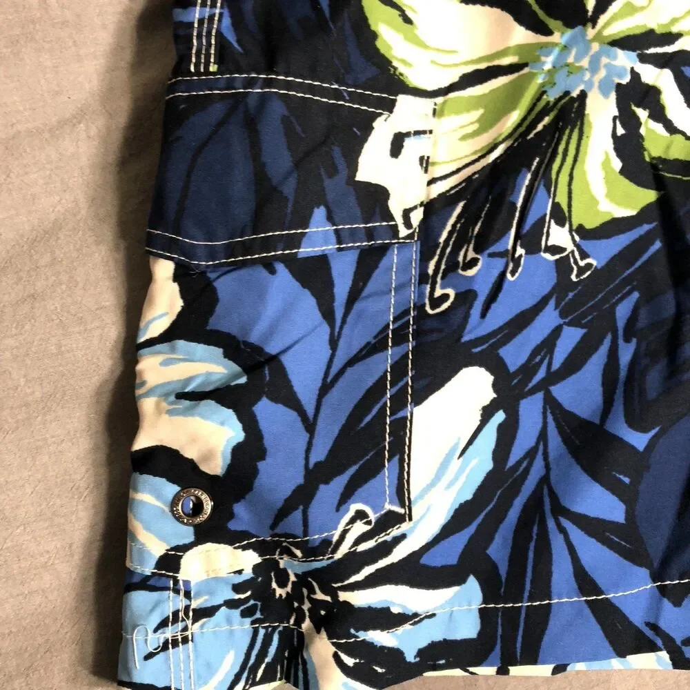 Caribbean Joe Swim Trunks Board Shorts Floral Hibiscus Blue Green Elastic XL